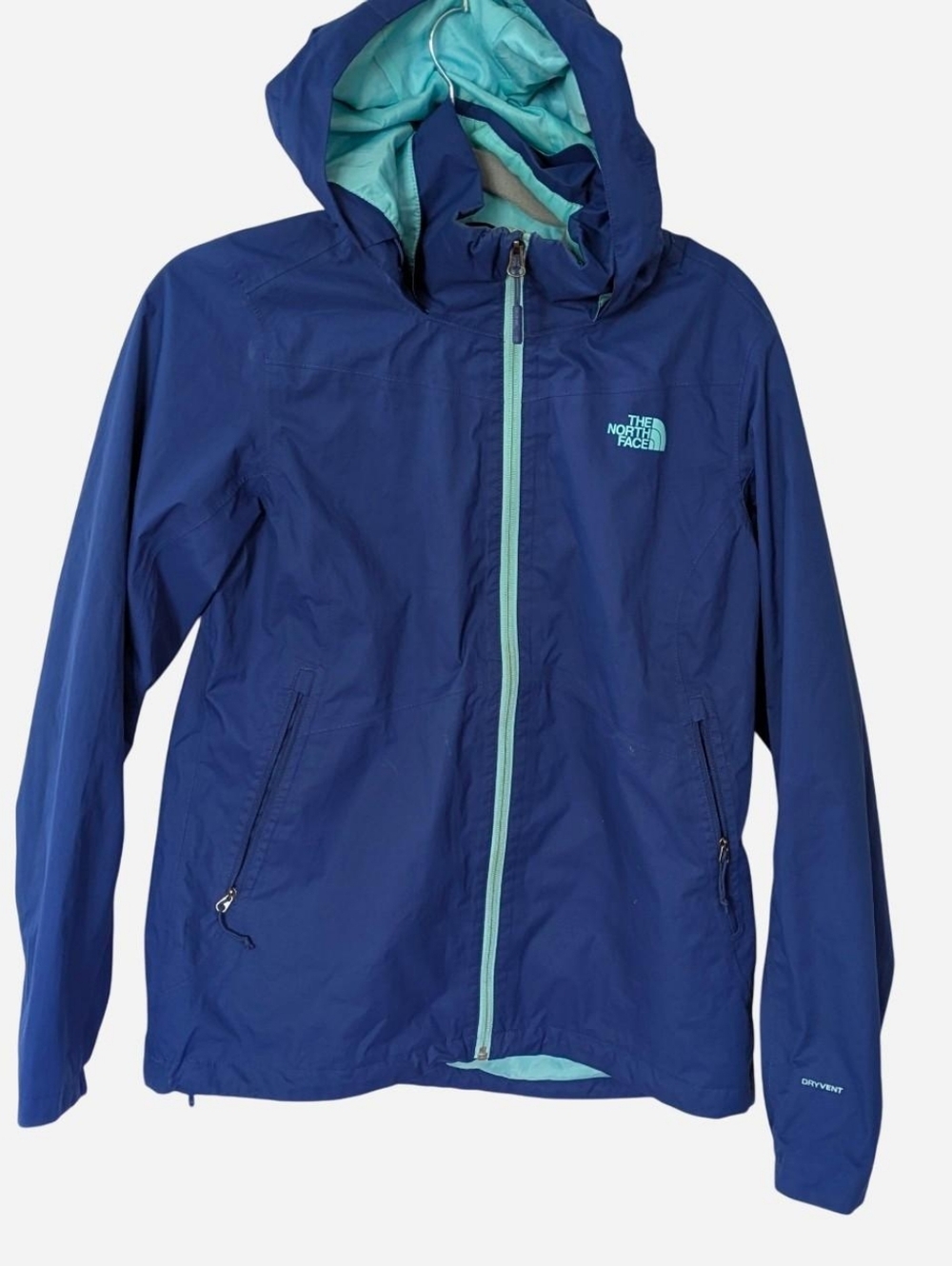 The North Face Women's Navy Blue Hooded Rain Jacket with Teal Trim